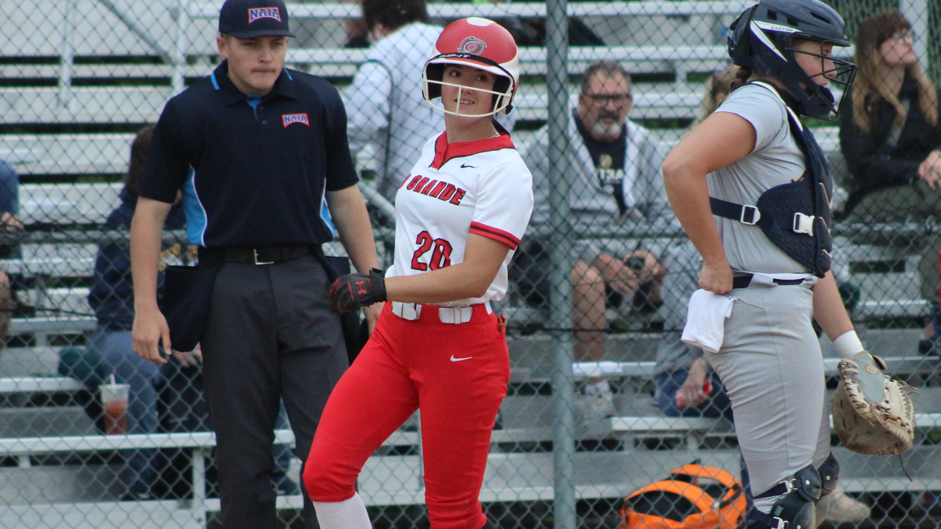 Caitlyn Brisker went 2-for-3 with a double, an RBI, and three runs in Rio Grande's 6-5 loss to Marian (Ind.).