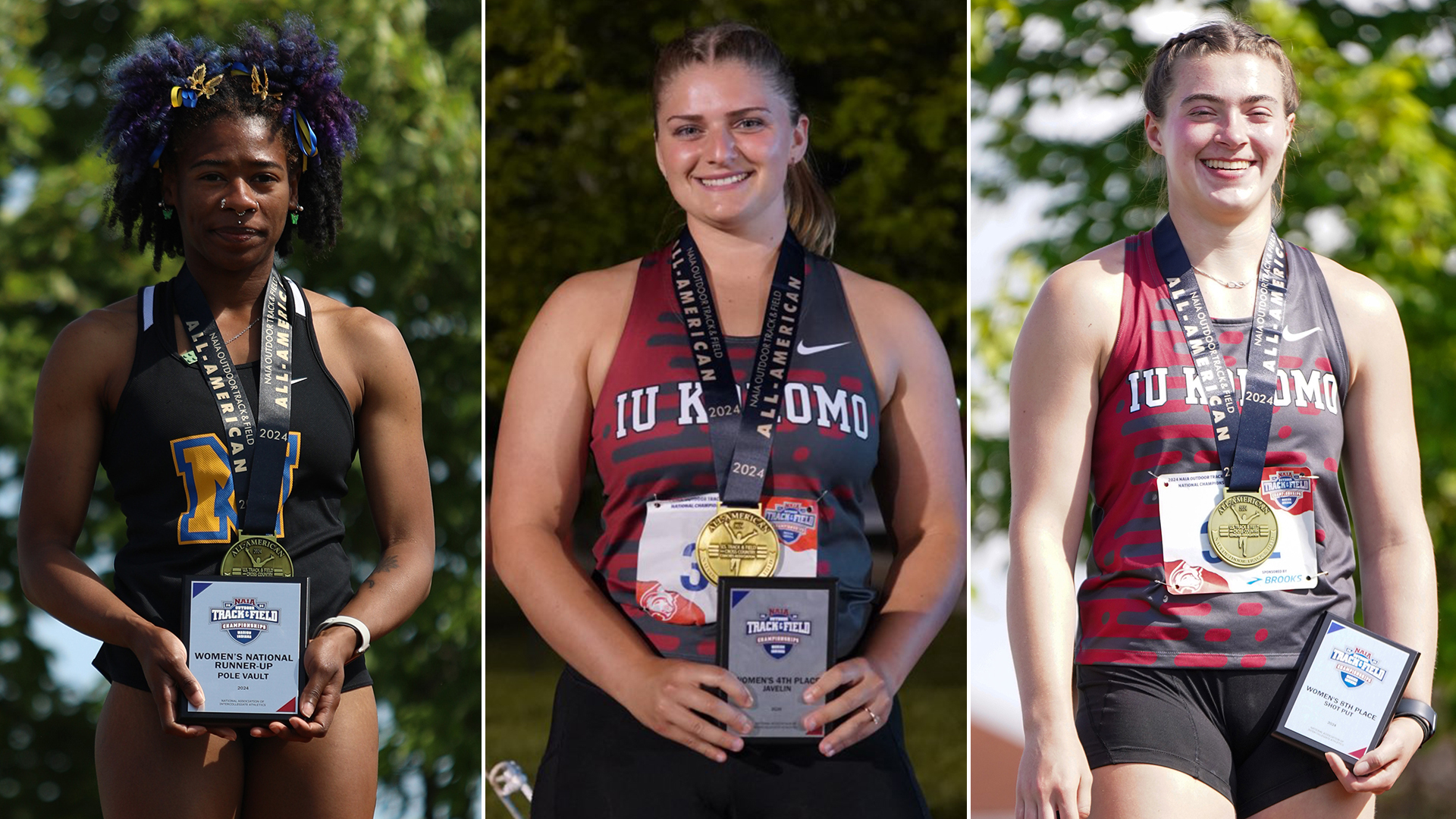 Nevaeh Brown (far left), Emma Byrum (middle), and Sydney Duncan (far right) each earned All-American honors at the NAIA Outdoor National Championships.