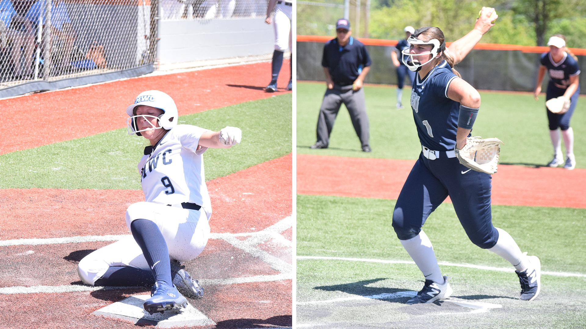 St. Mary-of-the-Woods College's Jasmine Kinder (left) scores a run against Ohio Christian University, while Shawnee State's Cassie Berry fires a pitch plateward in the Bears' win over Midway University during the first day of action at the River States Conference Softball Championship in South Charleston, W.Va.