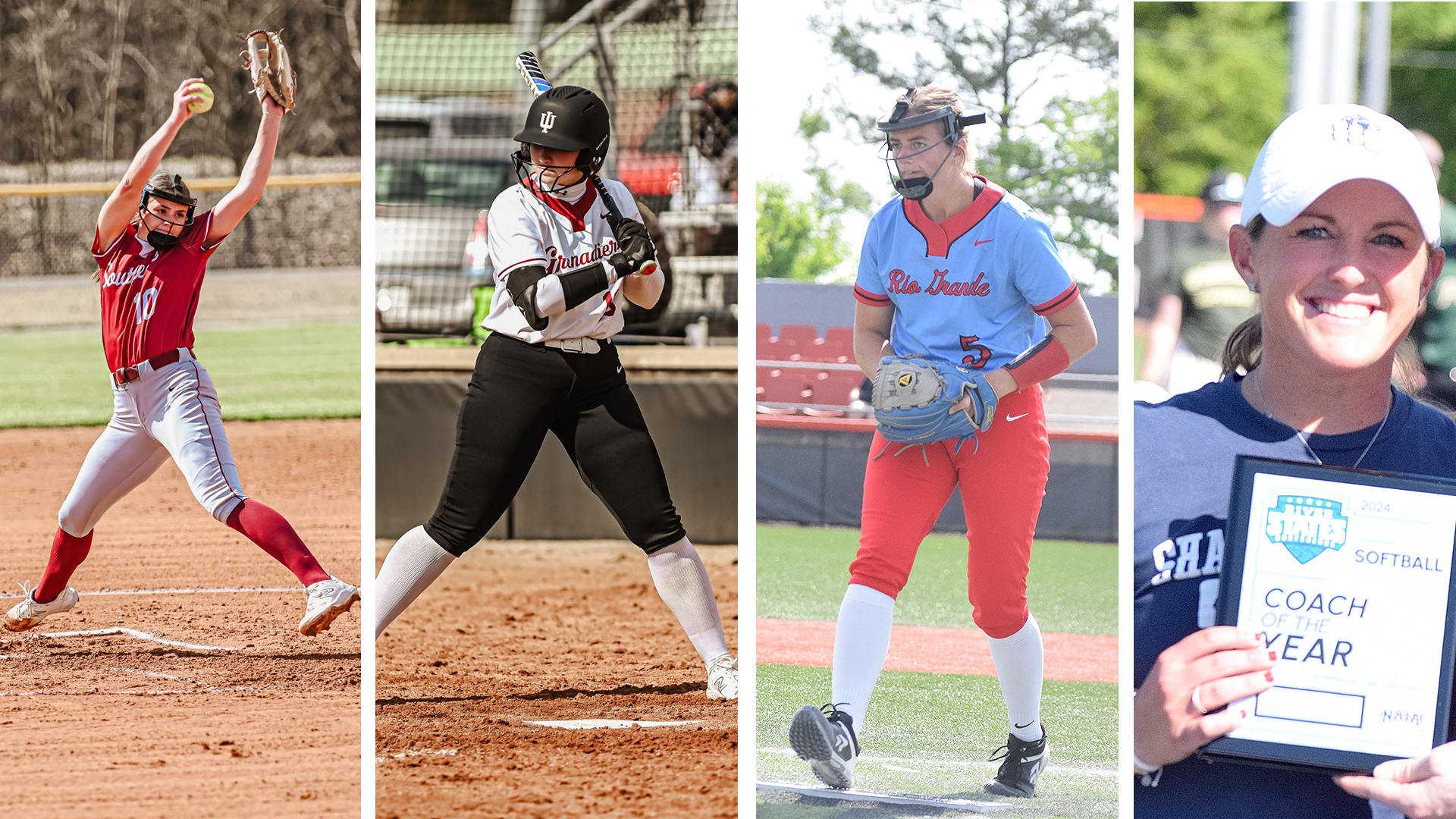 The 2024 All-River States Conference Softball Teams and award winners were announced on Thursday during the RSC Softball Championship at Little Creek Park in South Charleston, W.Va. Major award winners included, from left to right, IU Southeast's Madison Wathen (Pitcher of the Year); IU Southeast's Autumn Oehlstrom (Player of the Year); Rio Grande's Madison Wathen (Newcomer of the Year); and Kristen Bradshaw from Shawnee State University (Coach of the Year).